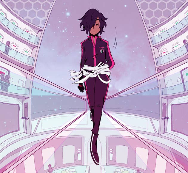 A drawing of a feminine person with short waving brown hair and brown skin wearing a pink and purple jumpsuit, standing on a glass walkway inside a futuristic dome structure with balconies to either side. From the game Being 2.